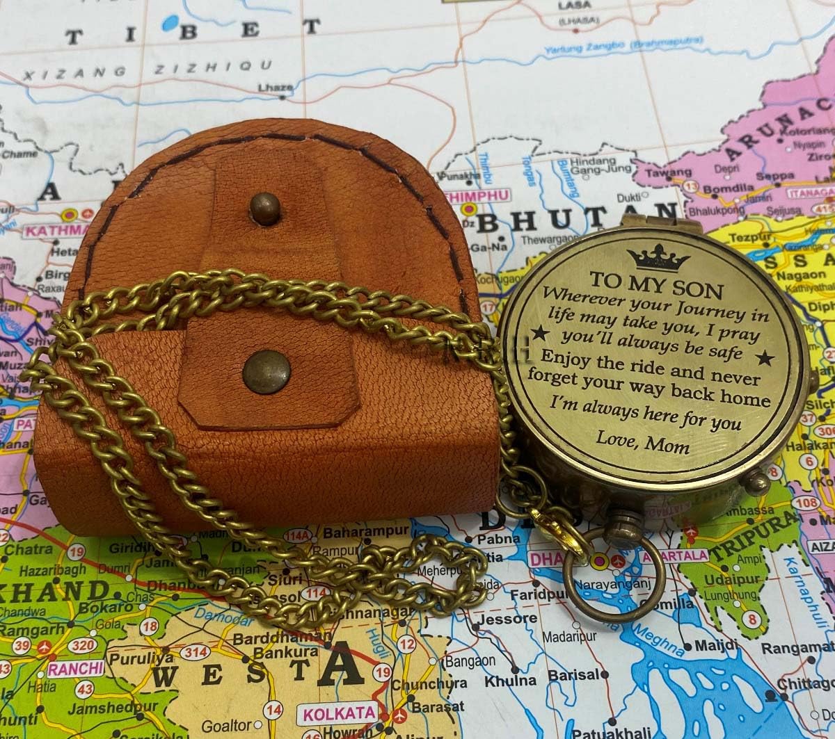 Bussola tascabile in ottone con incisione da 5,1 cm, con catena e custodia in pelle marrone, regalo per mio figlio, regalo per papà o mamma, regalo per ogni occasione