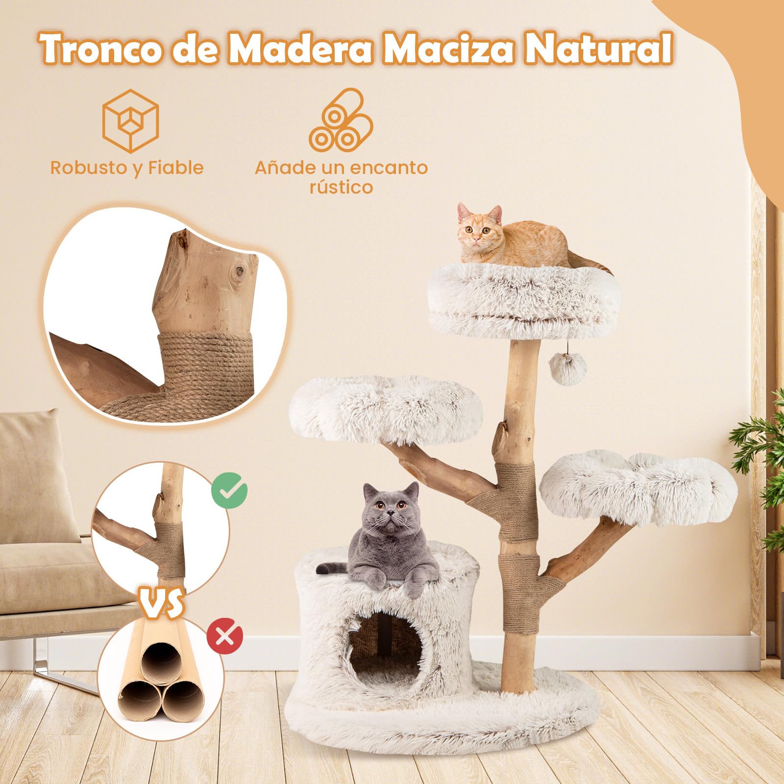 COSTWAY Árbol para Gatos Moderno de Madera Maciza, 102 cm Torre Gatos Rascador Acolchado con Felpa Extra Suave, Rascador para Gatito, 3 Plataformas, Poste de Yute, Nido, Bola Colgante, Blanco