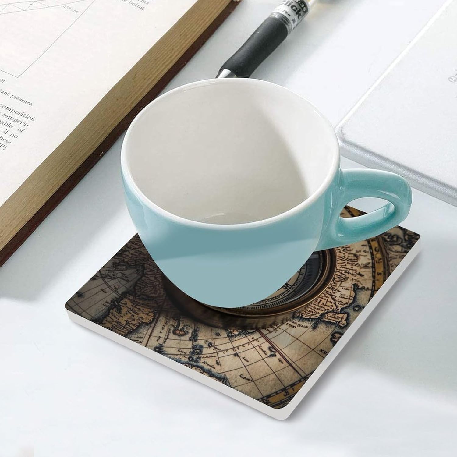 Nautical World Map Ocean Map Ceramic Coasters Set Square Drink Coasters Table Coaster for Kitchen Desktop Decor