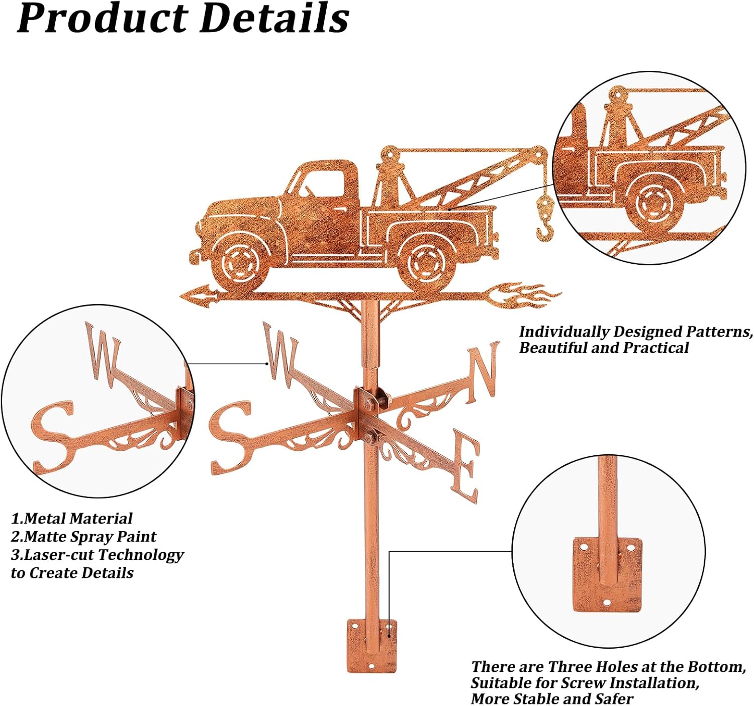 SUPERDANT Tow Truck Weathervane Car Weather Vane for Yard Metal Wind Vanes Roof Mount for Outside Garden Copper Red Weathervanes Farmhouse Farm Barn Sheds Patio Outdoor Decorations Gifts