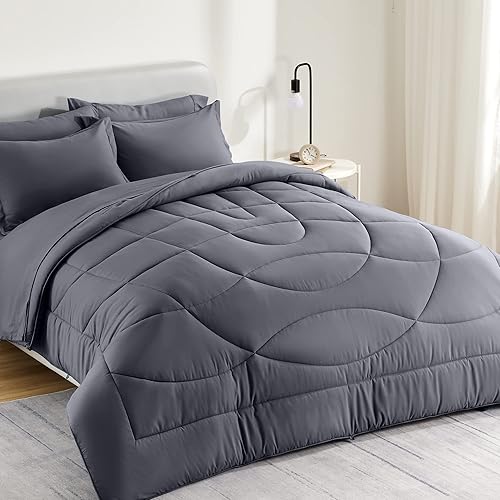 SLEEP ZONE Reversible Queen Size Cooling Comforter, Soft Breathable Bedding Down Alternative Comforter Warm for All Seasons, Dark Grey