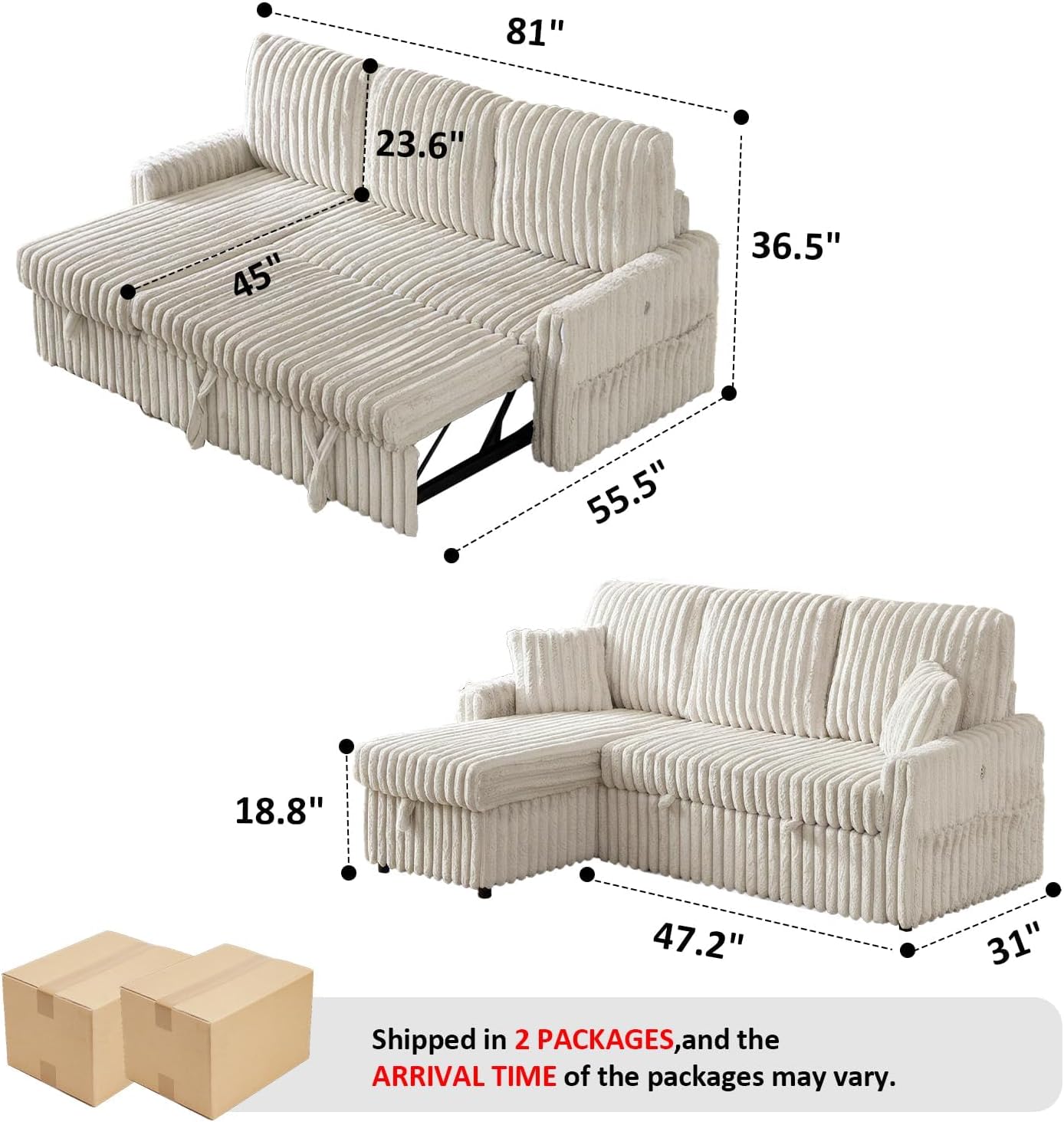 Sleeper Sofa Bed, 81” Pull Out Couch Bed with Reversible Storage Chaise, 3 in 1 L-Shaped Couch with Charging Station, Cup Holder, Side Pocket, Plush Corduroy Couches for Living Room(Beige)