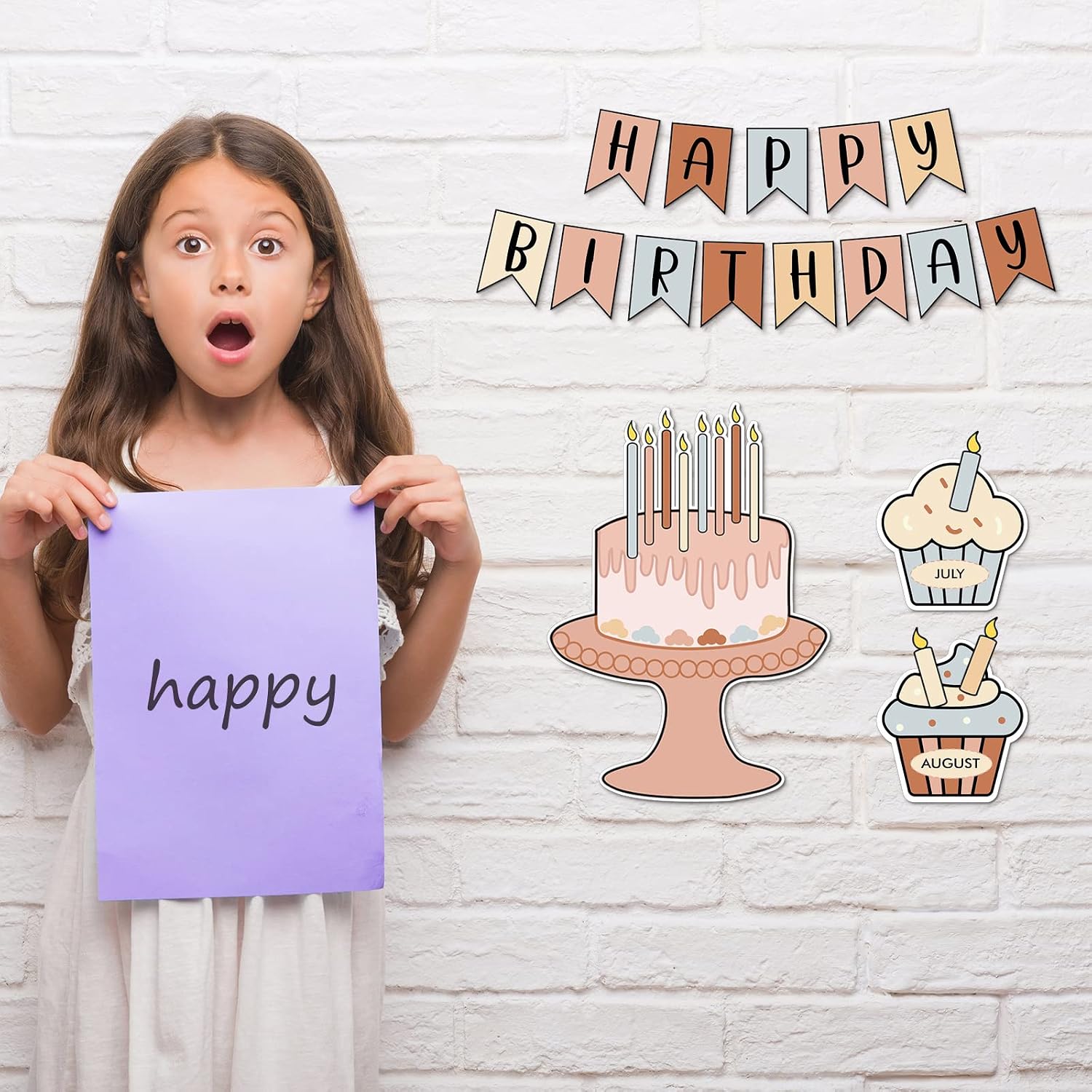 AnyDesign Boho Classroom Decor Cupcake Happy Birthday Bulletin Borad Decoration Colorful Birthday Cake Candles Paper Cutouts with Glue Points for Back to School Supplies, 50Pcs
