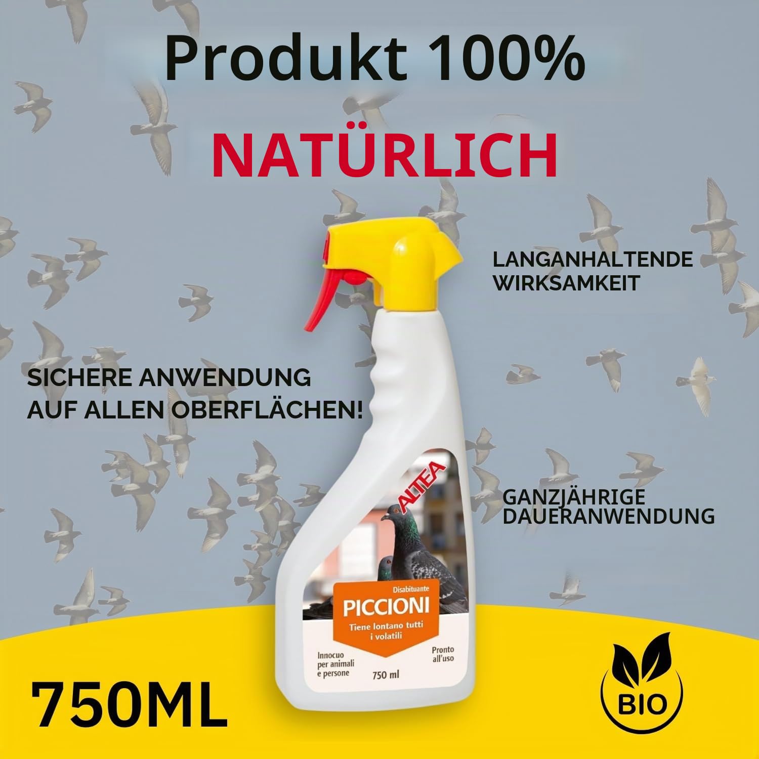 Altea Taubenabwehr, Taubenabwehr, langanhaltender Taubenabwehr, nicht schädlich für Mensch und Haustier, vertreibt Tauben und Möwen, gebrauchsfertiges Spray, 750 ml