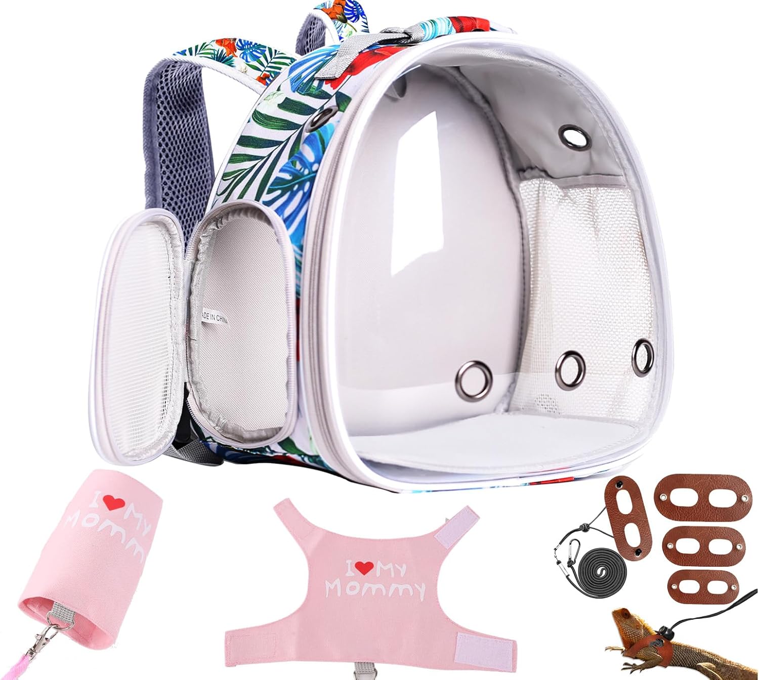 Floral Bearded Dragon Carrier Backpack with Reptile Harness Leash Set, Reptile Lizard Space Capsule Astronaut Clear Bubble Window Travel Carrier for Small Animal Guinea Pig