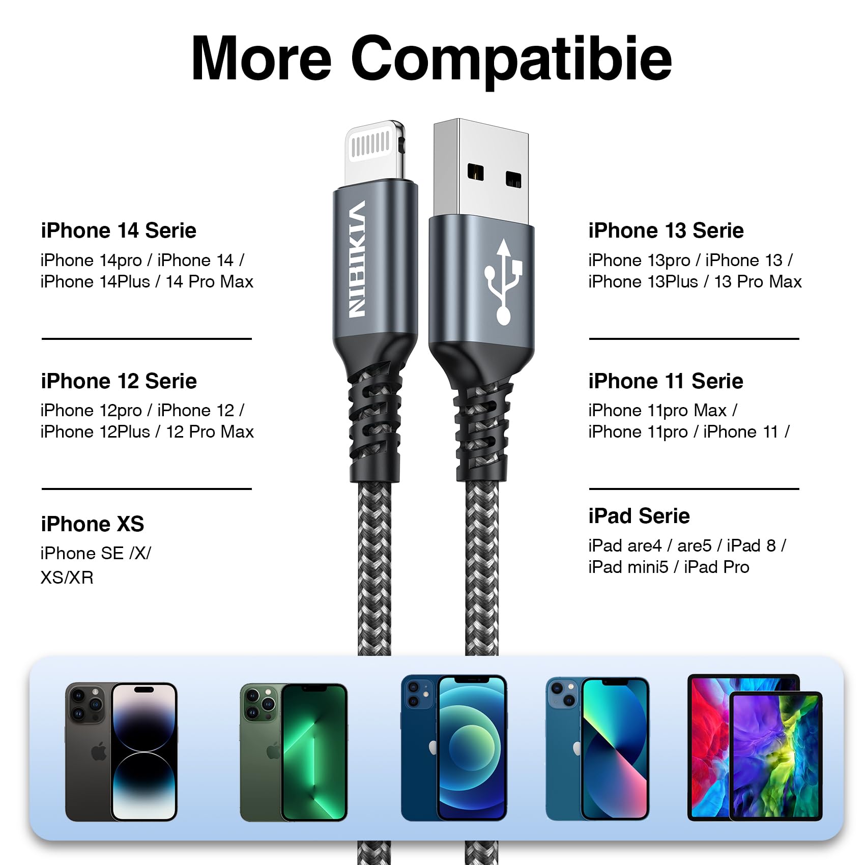 NIBIKIA Cavo iPhone [3Pezzi/ 2M+2M+2M] Certificato MFi Cavo Lightning Carica Rapida Nylon Caricatore iPhone per iPhone 14 13 12 11 X 8 7 6 5