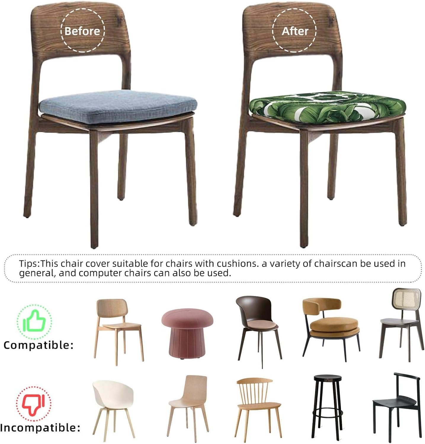 (Tropical Banana Palm Leaf) Square Chair Covers Set of 6 Seat Cushion Covers for Dining Chairs Seat Covers Slipcovers for Kitchen, Fits 1-2.4 in Thickness, for 13.8-18.9 in Chair Cushions