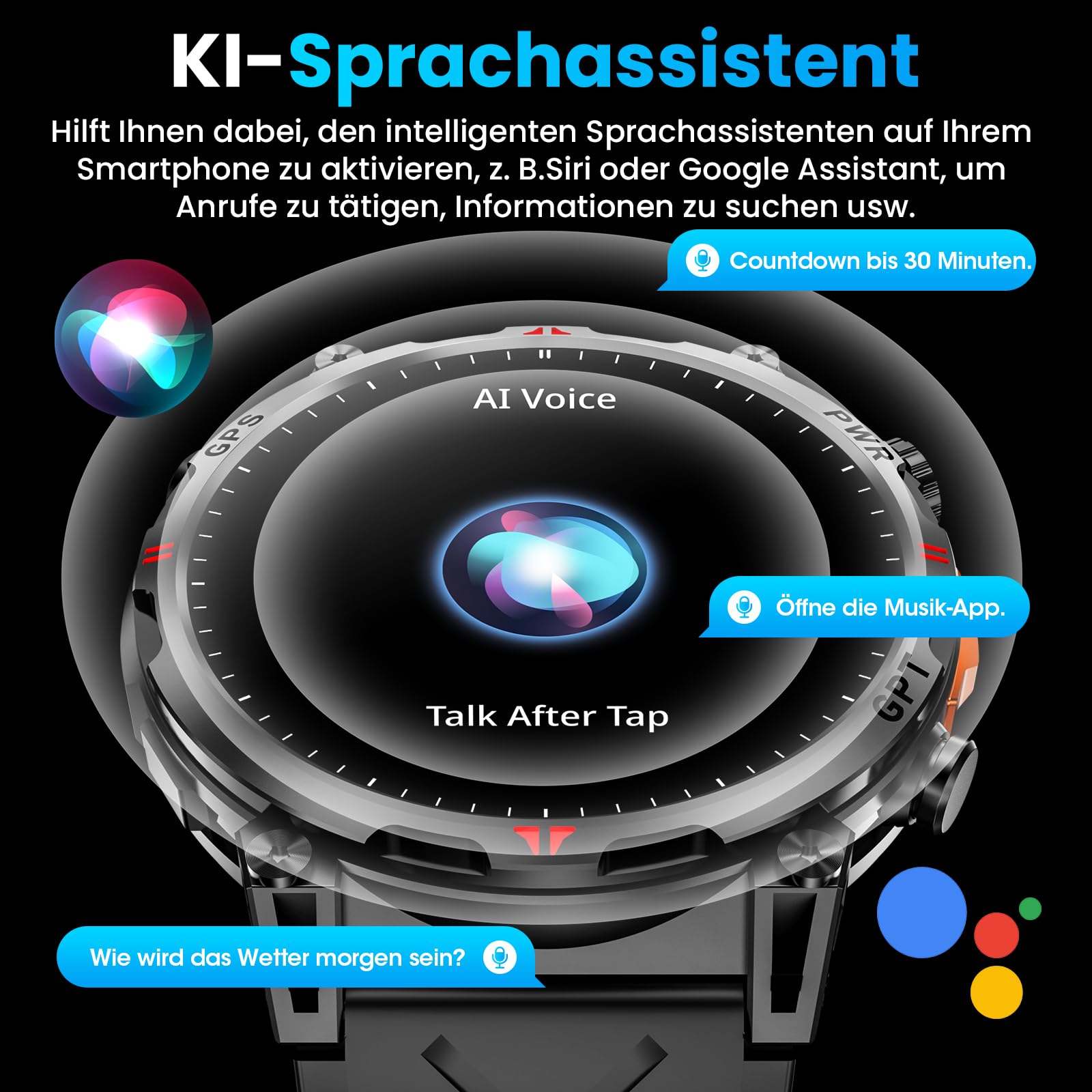 Smartwatch Herren Militärische, 1,56 Zoll mit GPS/GPT-Assistent/Bluetooth AI Zifferblatt/Bluetooth-Anruf/Herzfrequenz/Kompass, 3ATM Wasserdicht, kompatibel mit Android/iOS,100+Fitnessuhr Tracker | Bluetooth-Anruf / Herzfrequenzstress / Schlaferkennung / K