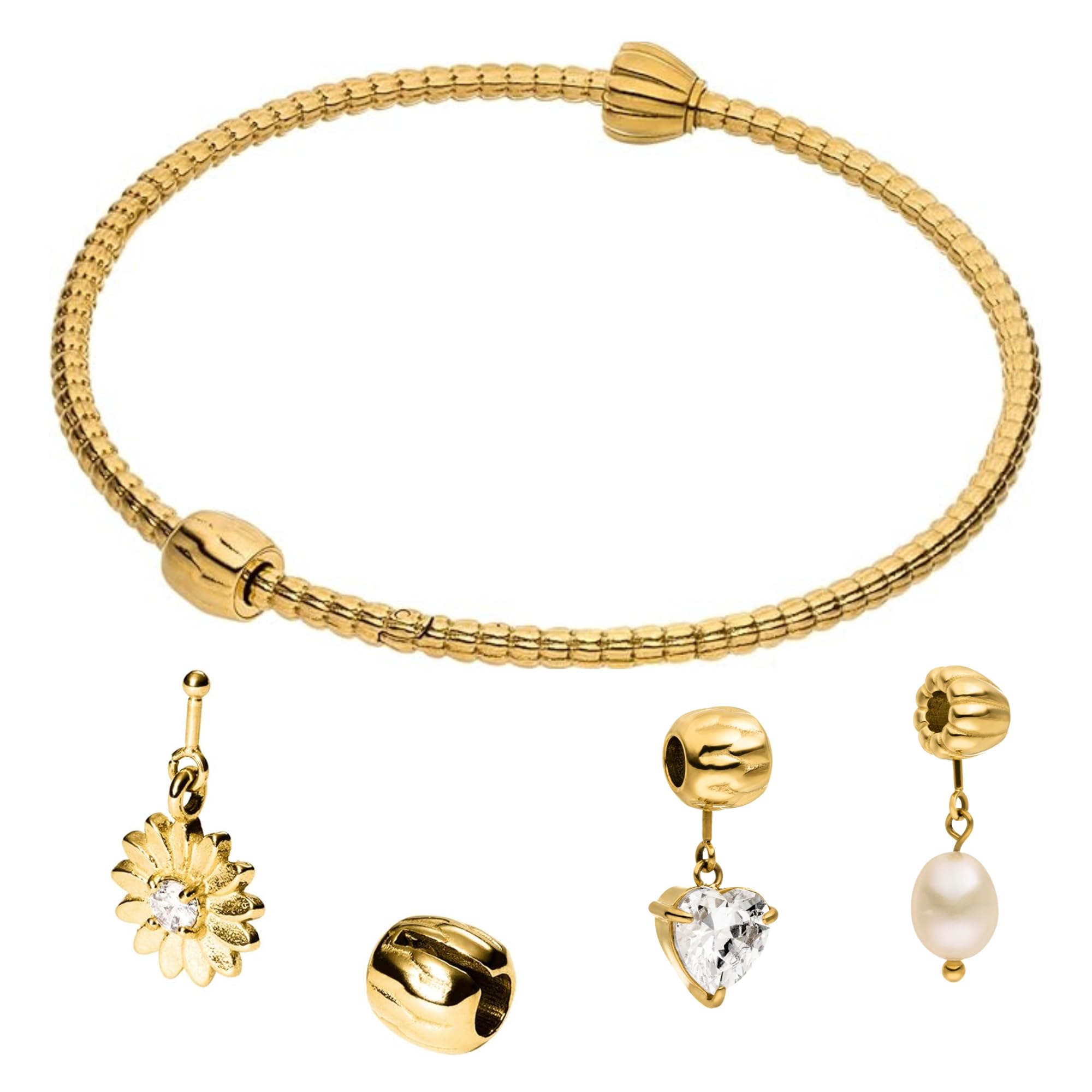 Purelei LEI Charm Armreif Damen S/M, wasserfestes Armband aus Edelstahl 14K vergoldet, Schmuckstück zum Kombinieren mit Stopper, Herz, Sonnenblume und Perle
