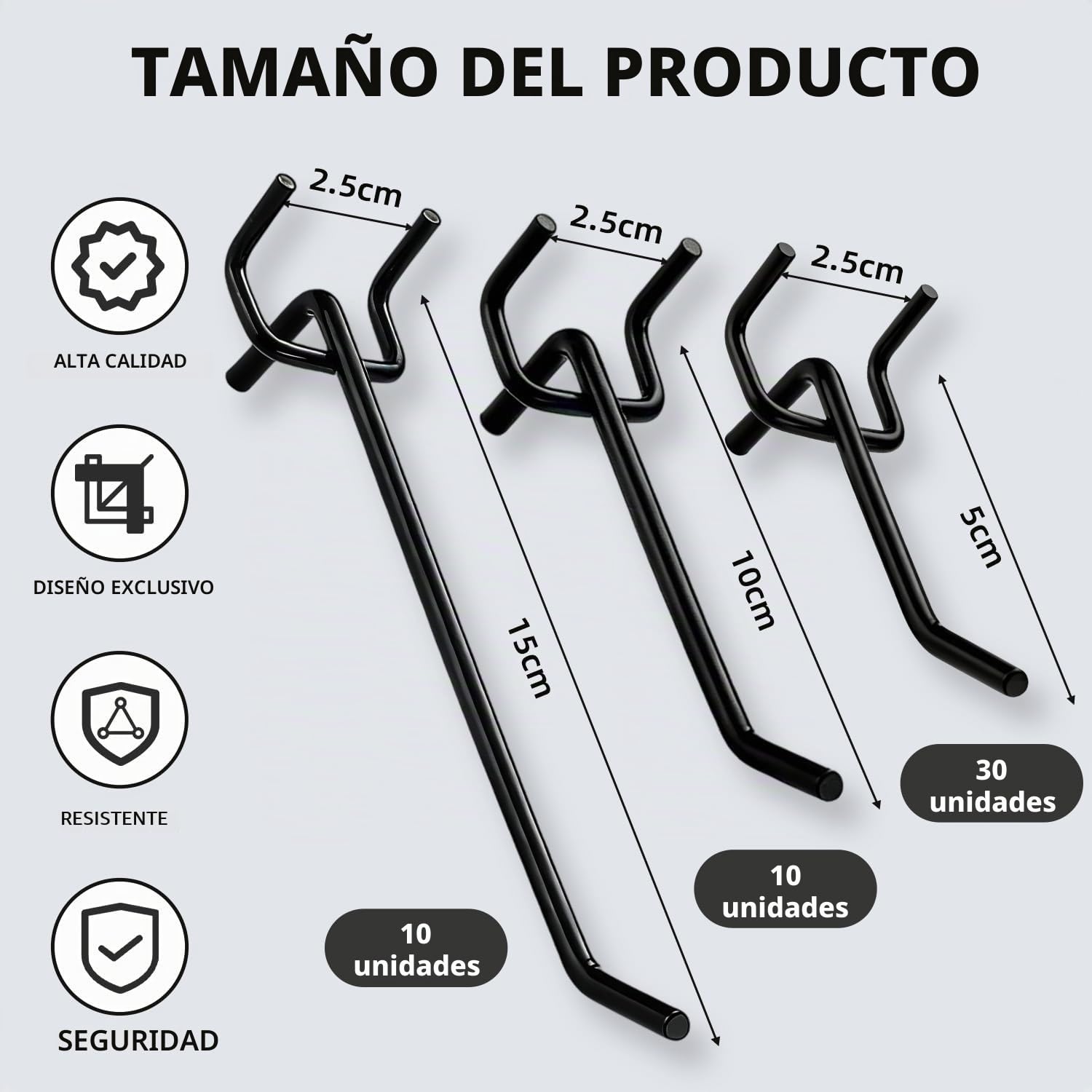 50 Ganchos para Tableros, Ganchos para Panel Perforado,Juego de Ganchos de Metal en 3 Tamaños (5, 10, 15 cm),Para Tablero de Herramientas, Cocina, Garaje y Organización