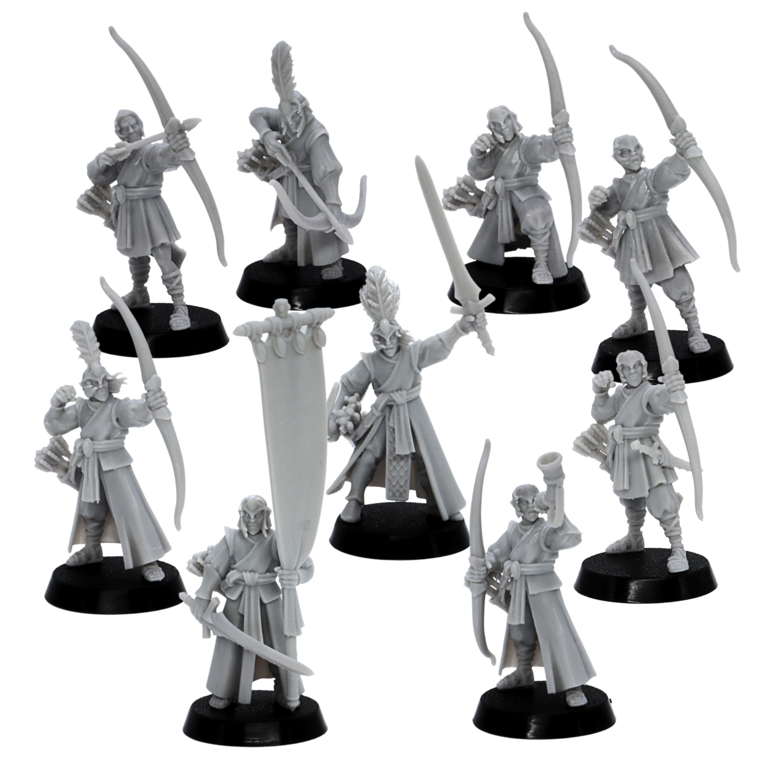 Forged Terrain Elf Archers - 10 Fantasy Elf Miniatures with Bows, Grey, 32mm Scale