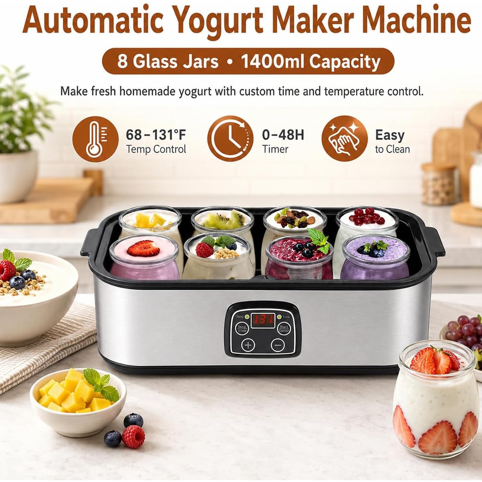 Yogurtiera 1400 ml con 8 vasetti di vetro, macchina per yogurt in acciaio inossidabile con display a LED, controllo del tempo e della temperatura regolabili, per dessert biologici fatti in casa