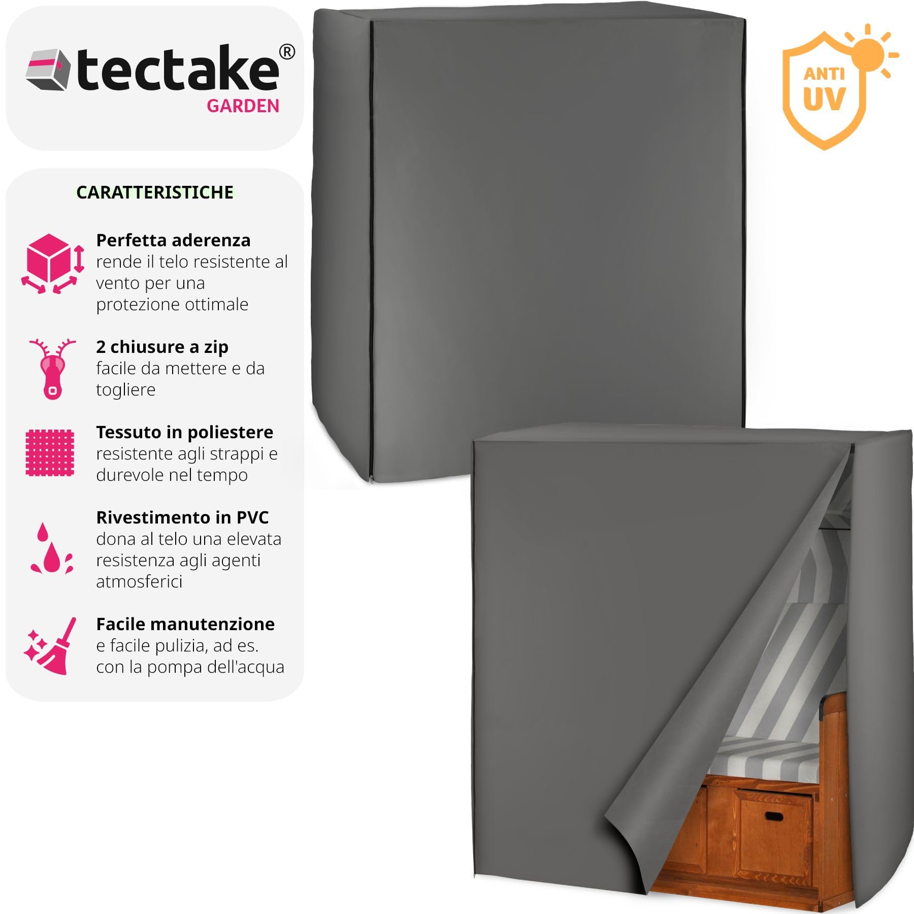 tectake® Copertura per Lettino Prendisole da Giardino, Involucro Protettivo per Poltrona Sdraio con 2 Cerniere, Idrorepellente, Resistente alle Intemperie, Antigraffio, 120x80x145 - Grigio