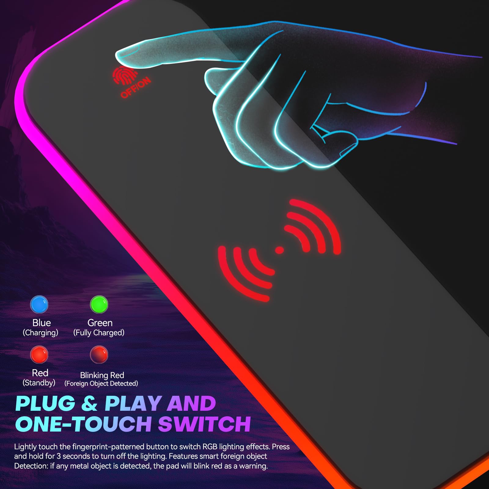 Tappetino per mouse da gioco RGB con caricabatterie wireless da 15 W, 17 modalità di illuminazione, tappetino per mouse extra large da 70 x 30 cm, con base antiscivolo, plug & play di tipo C, per