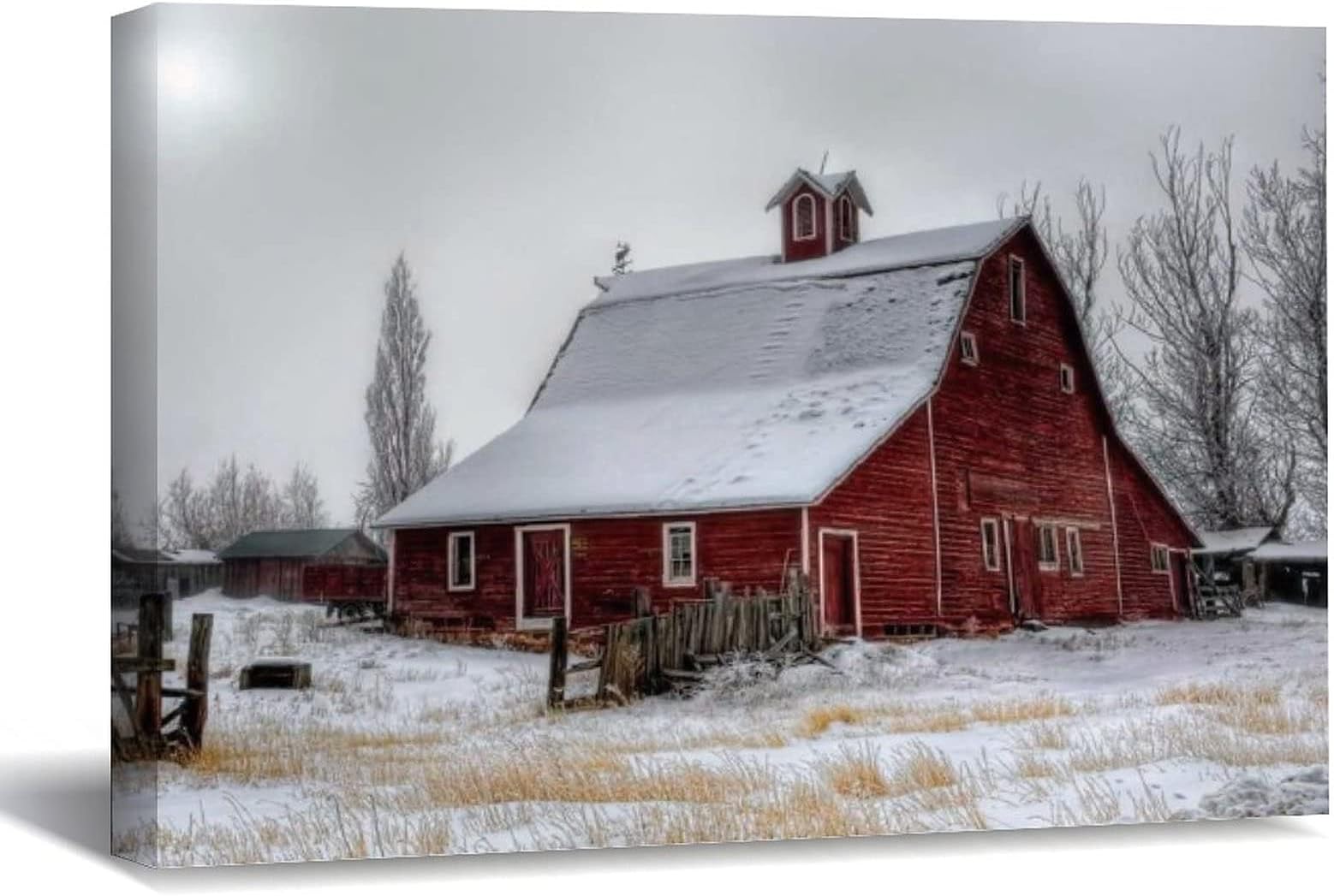 Red Barn On A Foggy Morning -Oil Painting On Canvas Modern Wall Art Pictures For Home Decoration Wooden Framed (20X16 Inch, Framed)