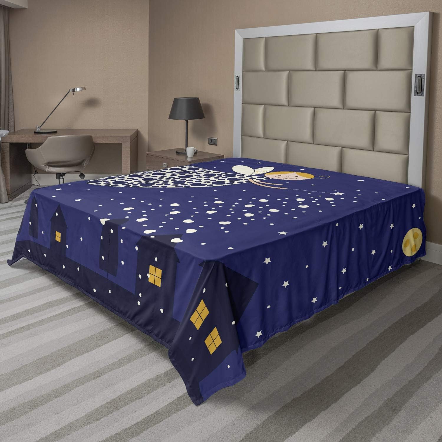 Ambesonne Night Flat Sheet, Fantasy Character on Starry Sky Back with Village Houses and Moon Cartoon, Soft Comfortable Top Sheet Decorative Bedding 1 Piece, Full Size, Marigold White Blue