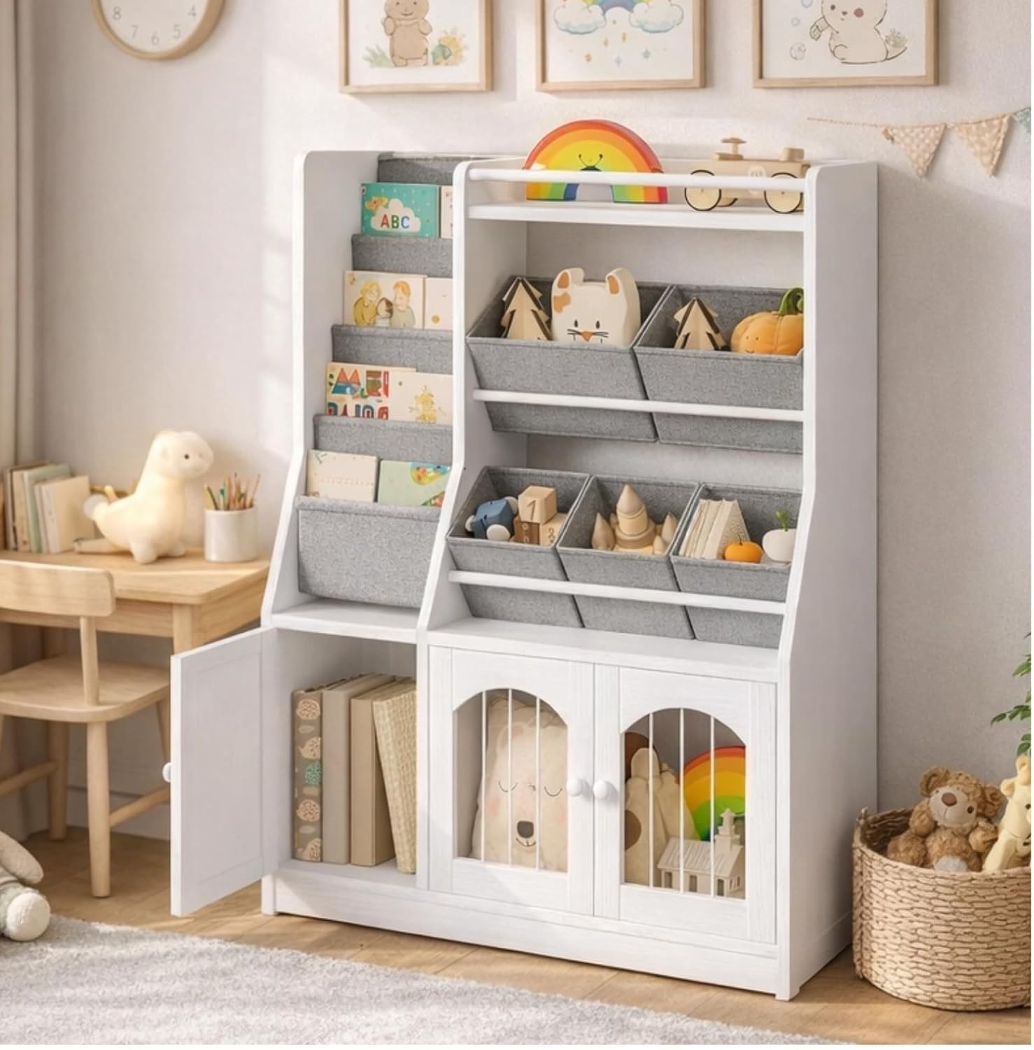 Toy Storage Organizer, Kids Toy Storage with 5 Fabric Drawers and 5-Tier Hanging Bookshelf, Elastic Doors and Guardrail, Bookcase for Bedroom, Nursery, Classroom, White and Gray