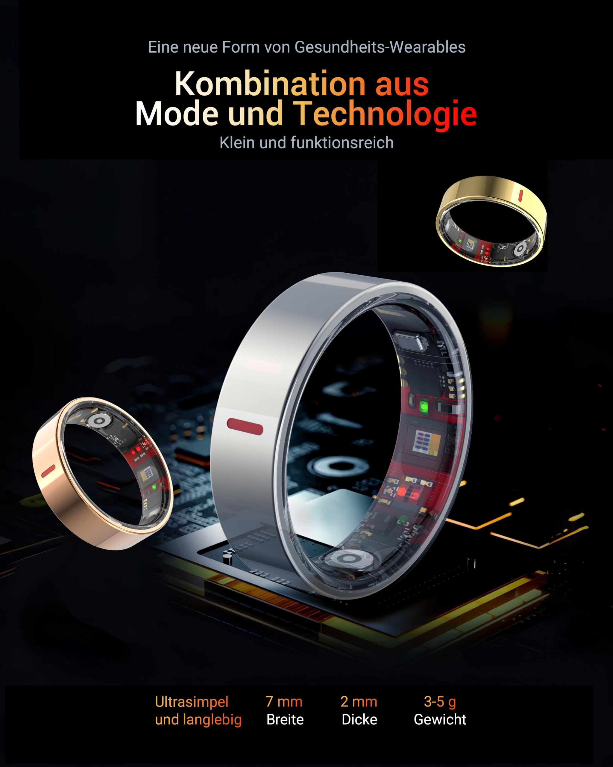 Smart-Ring mit Ladehülle, Fitness-Ring, Gesundheitsmonitor Schlaf-Herzfrequenz- & Blutsauerstoffmonitor 5ATM+IP68 wasserdicht Ohne Abo 4-7 Tage Akkulaufzeit iOS & Android kompatibel für Männer Frauen