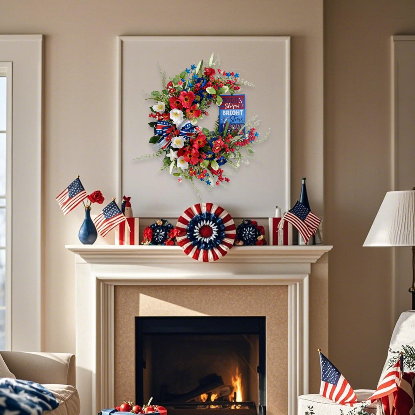 Couronne patriotique fabriquée à la main pour porte d'entrée – Couronne du 4 juillet avec coquelicots en soie, étoiles en métal et nœud superposé, décoration d'intérieur et d'extérieur