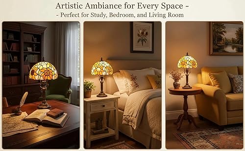 Miniatura 5 de Tiffany - Lámpara de mesa de cristal de 3 vías, lámpara de mesa de noche de girasol amarillo, bombilla LED E26, para dormitorio, sala de estar,