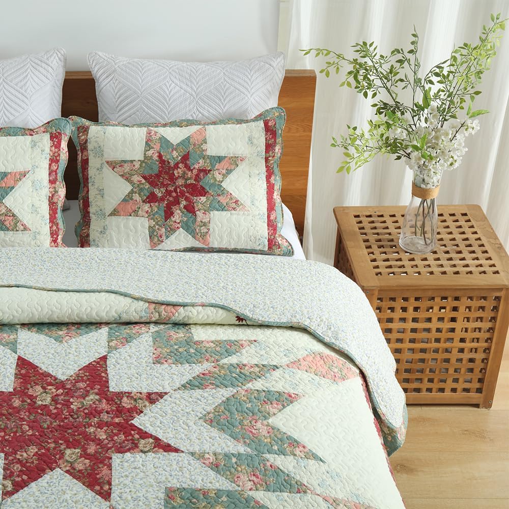 Cotton Bedspread Quilt Bedding Sets, 3 Pieces Reversible Coverlets Comforters Star with Red Floral Real Patchwork Bedspread,Queen Size - Image 4
