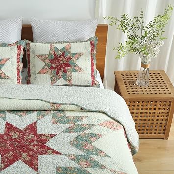 Cotton Bedspread Quilt Bedding Sets, 3 Pieces Reversible Coverlets Comforters Star with Red Floral Real Patchwork Bedspread,Queen Size