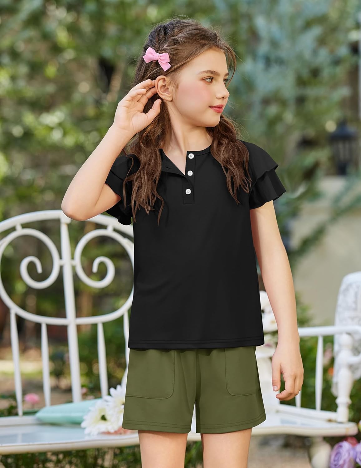 Arshiner Girls Summer Outfits 2 Piece Sets Ruffle Short Sleeve Button Down Shirts and Shorts Set Kids Clothes with Pockets - Image 2