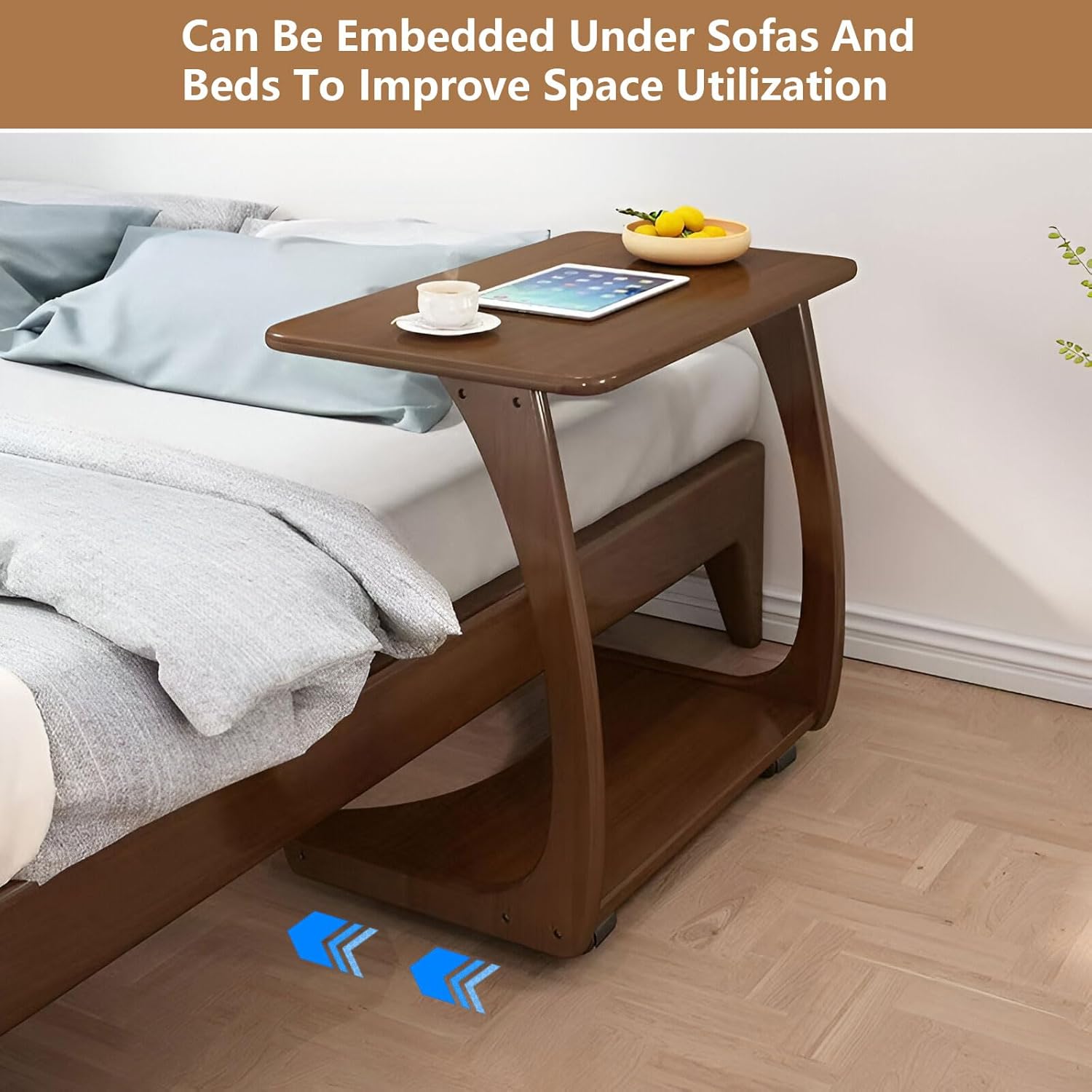 AIZYR TV Tray Table with Rolling Wheels, Laptop Holder Table Solid Wood C-Shaped Couch Table Side Table for Small Spaces Living Room Bedroom,Wood Color,60X40X63CM