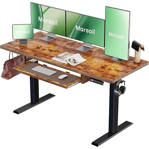 Marsail Electric Standing Desk with Ergonomic Keyboard Tray, 55x24 Inch Adjustable Height with 27.5” to 46.7” Height Range, 4 Memory Presets, Smooth and Quiet Lifting, Computer Workstation, Rustic