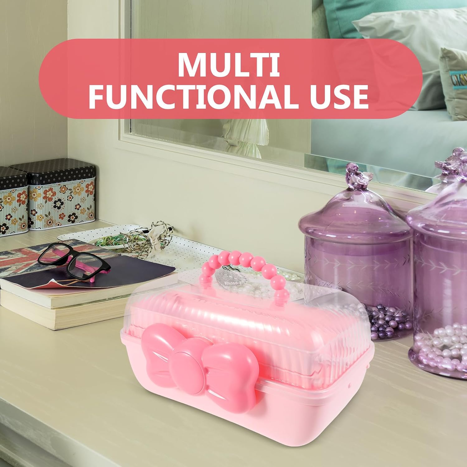 Pink Princess Style Three-layer Hair Accessory Storage Box with Bow Jewelry Decoration, Plastic Material, Multiple Compartments Organizer for Home or School Use