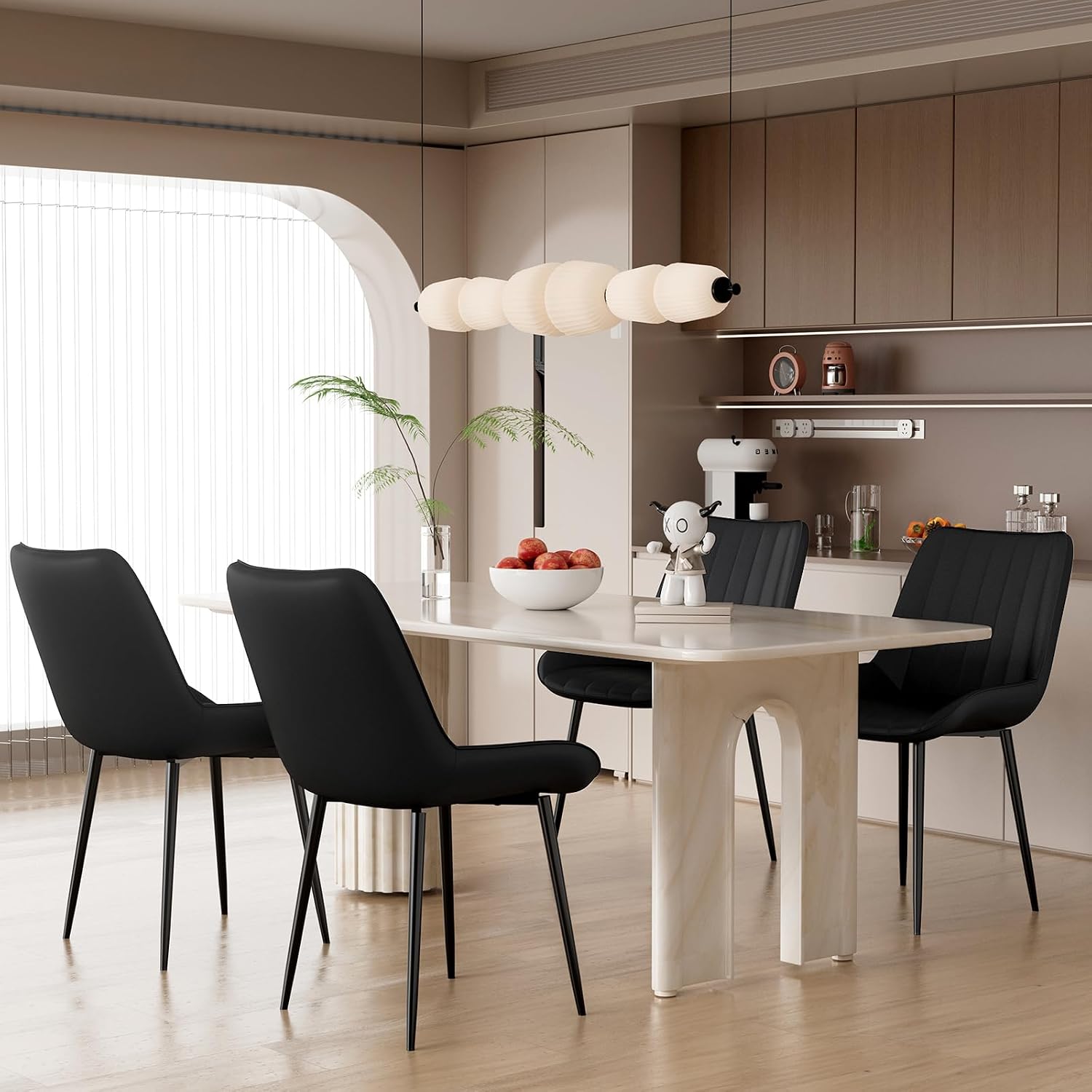 TLSUNNY Dining Chairs Set of 2/4, Modern High Back PU Leather Upholstered Dining Room Chairs with Thick Cushions, Wide Padded Seat, Metal Legs for Kitchen, Living Room, Black (4)