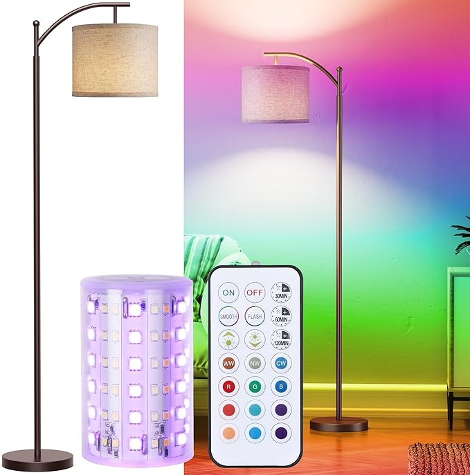 Floor Lamp for Living Room, LED Standing Lamp Tall Industrial Floor Lamp Reading for Bedroom, Office (9W LED Bulb, Beige Lampshade Included) -Oil-Rubbed Bronze