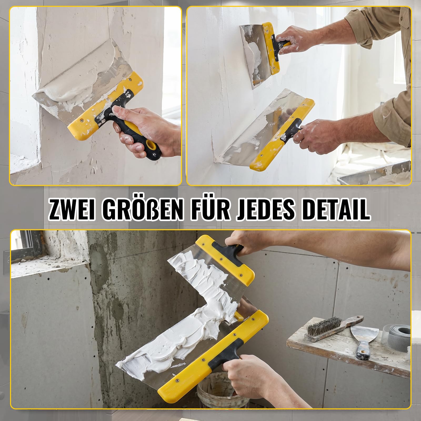 Set Spatole Rasanti con Rullo per Stucco, Kit 4 Pezzi in Acciaio Inox per Cartongesso e Riparazione Pareti, Rullo 23 cm, Frattazzo e Spatole 25/40 cm