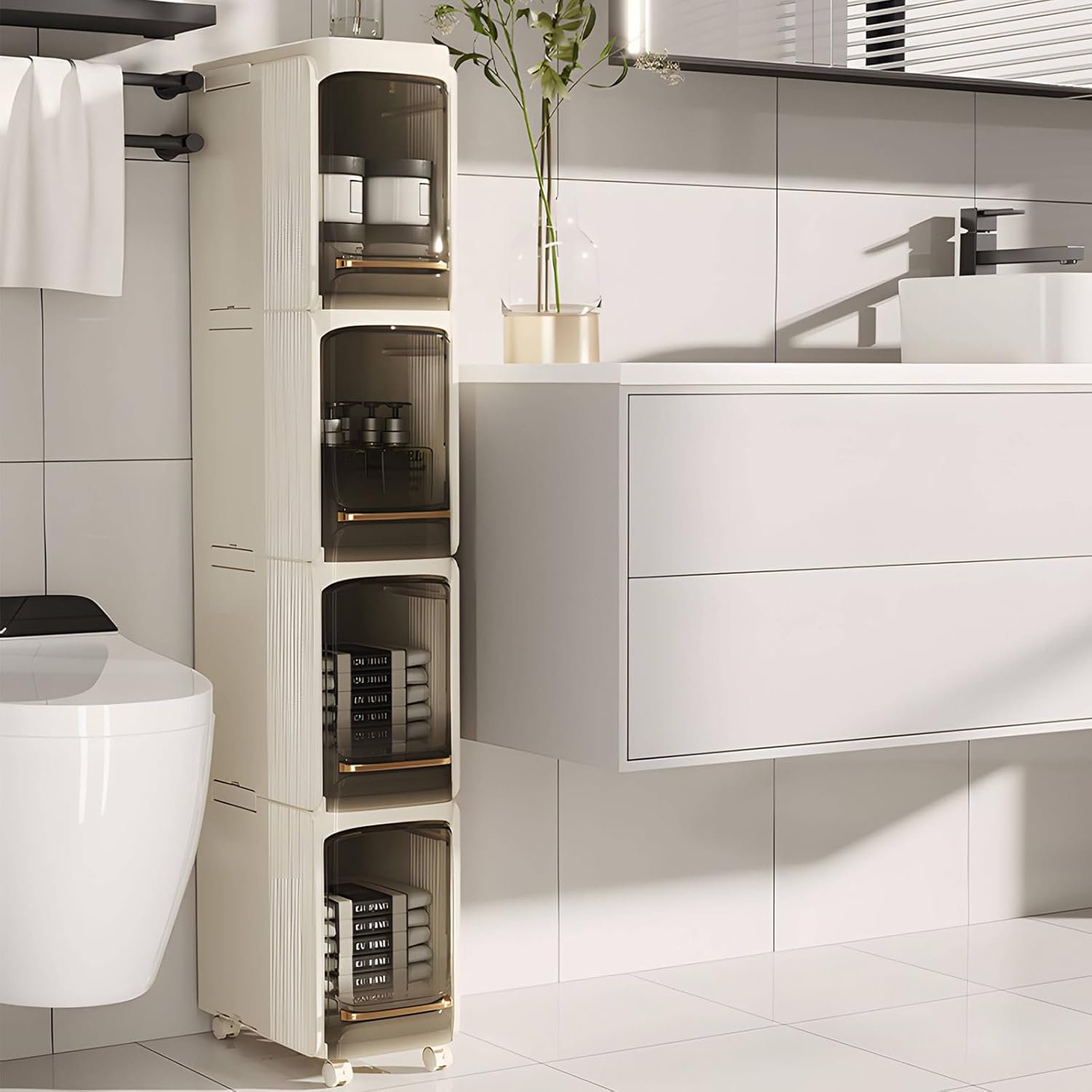 4-tiers tall narrow storage cabinet, slim bathroom organizer for small spaces, freestanding bathroom storage for slim kitchen & laundry cabinet, white white 4-tiers