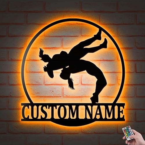 Arte de pared de metal de lucha libre personalizado para mujer, luz LED, letrero de nombre de luchador personalizado, decoración para el hogar,