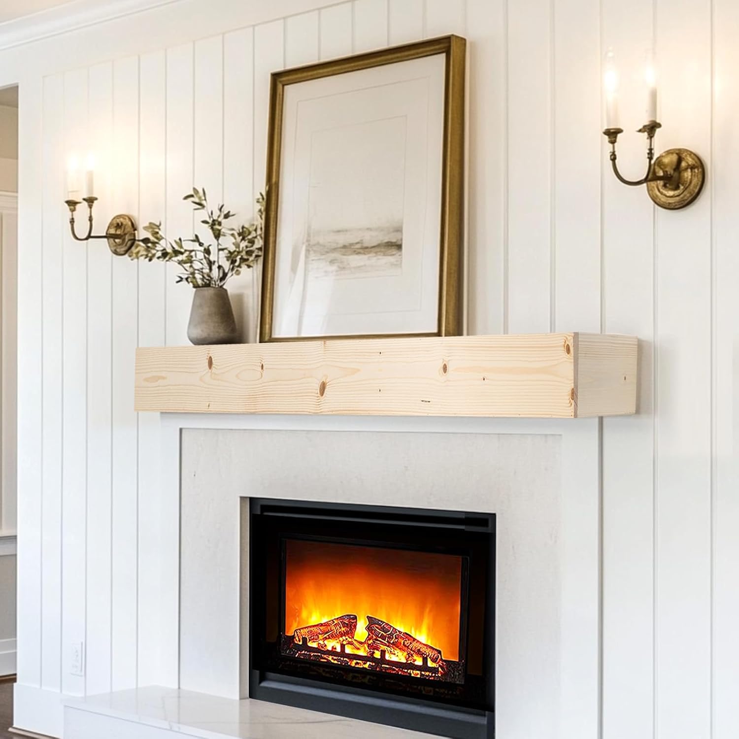 Fireplace Mantel Shelf, 48" Wooden Floating Shelf for Over Fireplace, Wall-Mounted Mantel Shelves, Decorative Mantels, Rustic Floating Mantels Shelves, Natural Wood