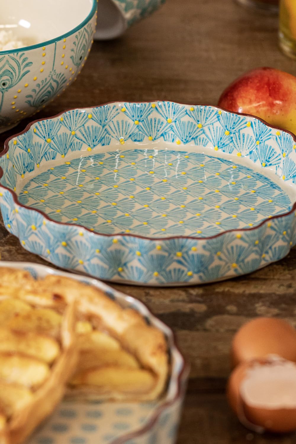 Tranquillo Molde para quiche de gres con estampado estampado a mano, color azul, diámetro de 22 x 4 cm
