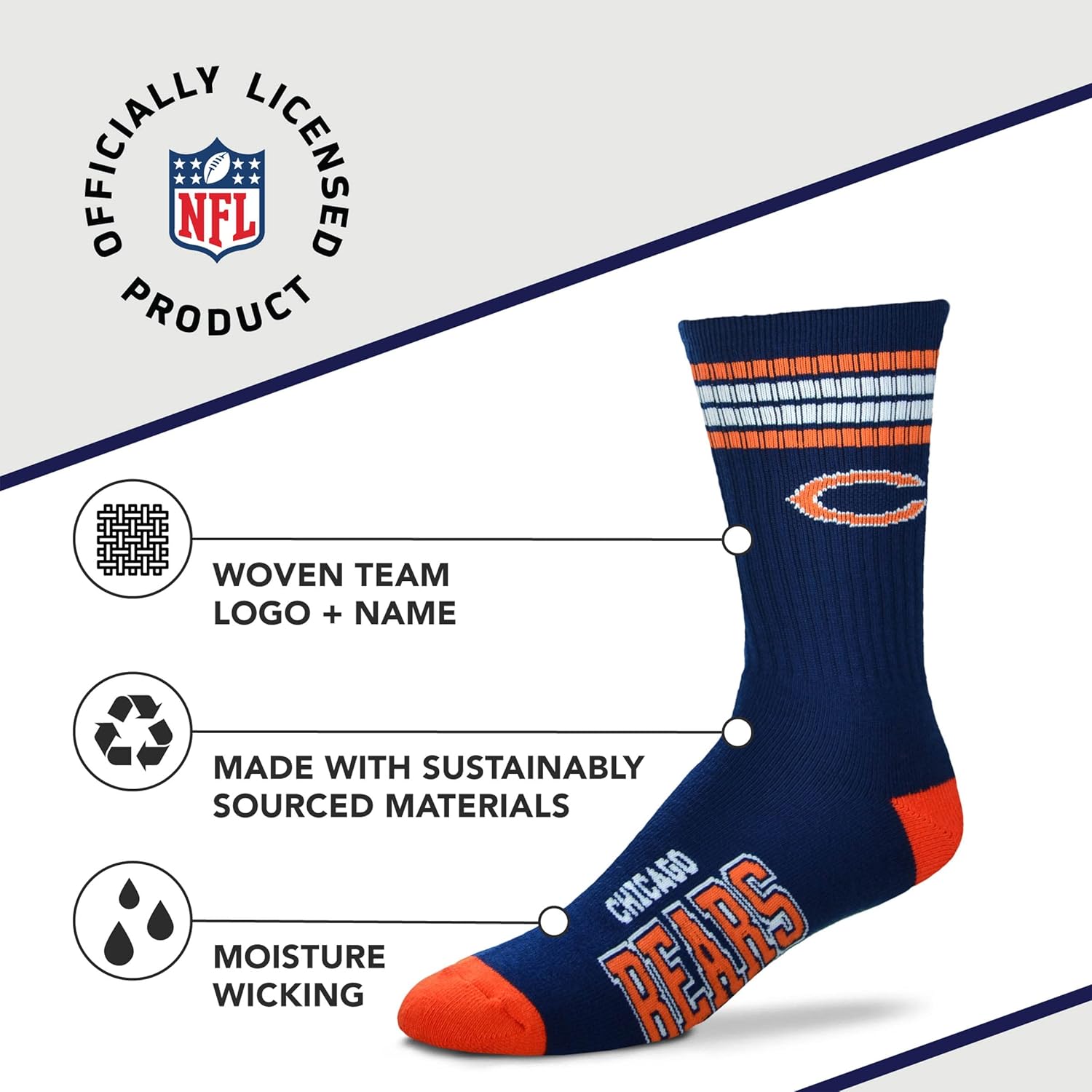 For Bare Feet Youth Chicago Bears 4-Stripe Deuce Quarter-Length Socks