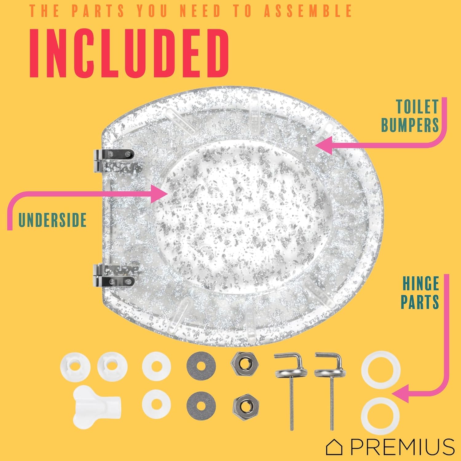 Polyresin Silver Leaf Toilet Seat By PREMIUS, Standard Round, 17 Inches, Clear, Unique & Eye-Catching Design, Shimmering Silver Leaf Accent, Stainless Steel Hinges, Easy to Clean, Grip Tight Bumpers