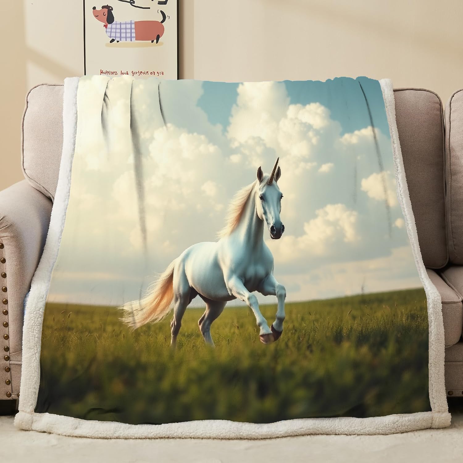 Générique Cheval Blanc Couverture Polaire Epaisse Hiver Adulte 3D Prairie Plaid Canape Chaud Doux en Flanelle Jeté de Canapé pour Couvre lit 2 Personnes pour Fille Garcon 150x200 cm