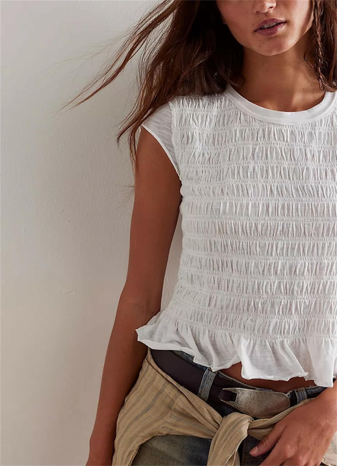 Women Tank top Summer Smocked Tops Cap Sleeve Ruffle Hem Shirred Shirt Y2k Going Out Tops Vacation Beach Outfits - Image 3