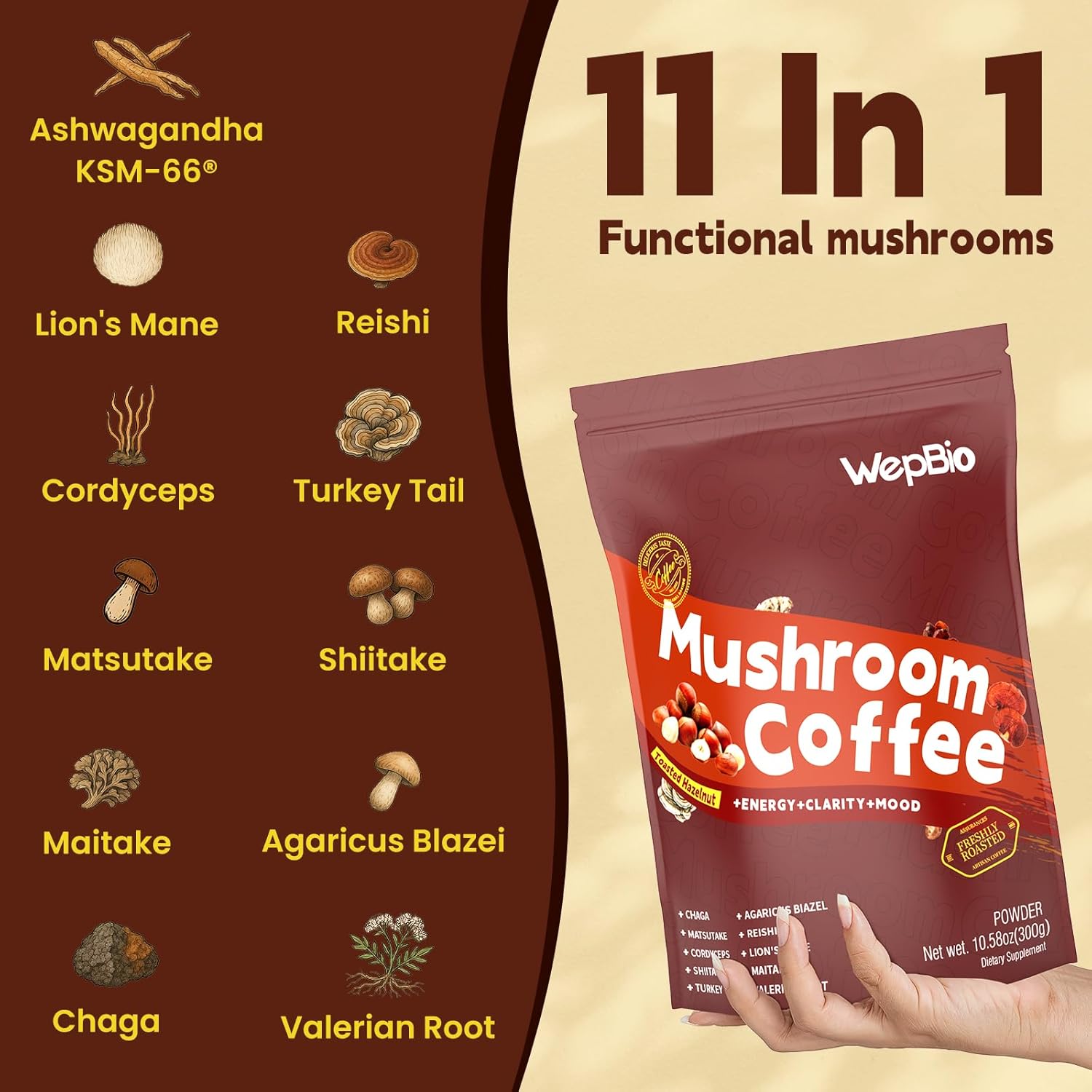 Mushroom Coffee 11 in 1 Adaptogenic Mushroom Blend with Ashwagandha KSM-66,Lions Mane,Reishi,Turkey Tail Hazelnut Instant Mushrooms Coffee for Boost Energy,Focus,Sugar-Free,30 Servings - Image 3