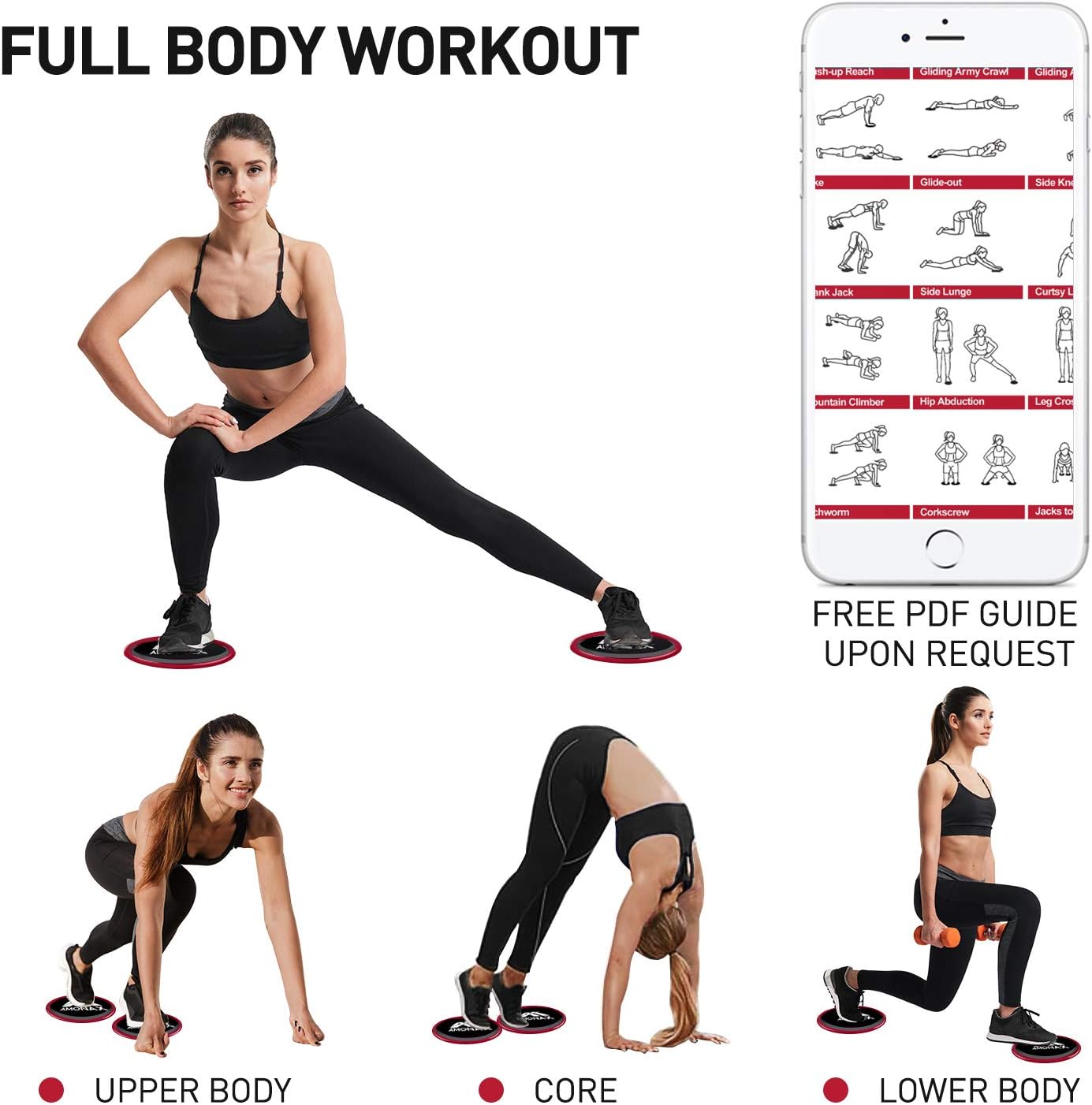 Collage of images demonstrating various full-body exercises using Amonax gliding discs, including upper body, core, and lower body workouts. A smartphone screen displays a list of exercises.