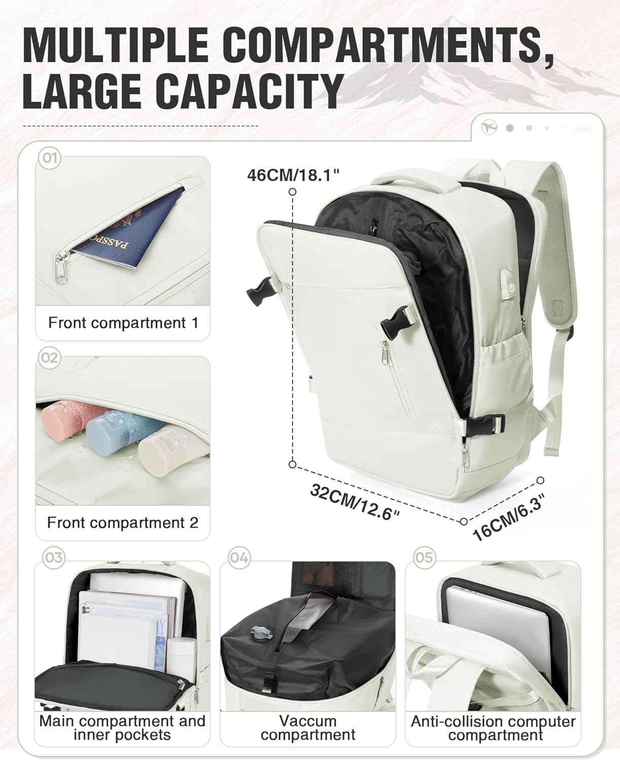 Travel Backpack with Vacuum System Women, Waterproof Vacuum Backpack with Pump, Compression Bags Travel Backpack Carry on Flight Approved, Mochila de Viaje Compresion al Vacio Men(white) - Image 2