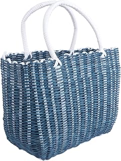 Plastic Weaving Storage Basket Handles Sturdy Portable for Shopping Toiletry Retro Design