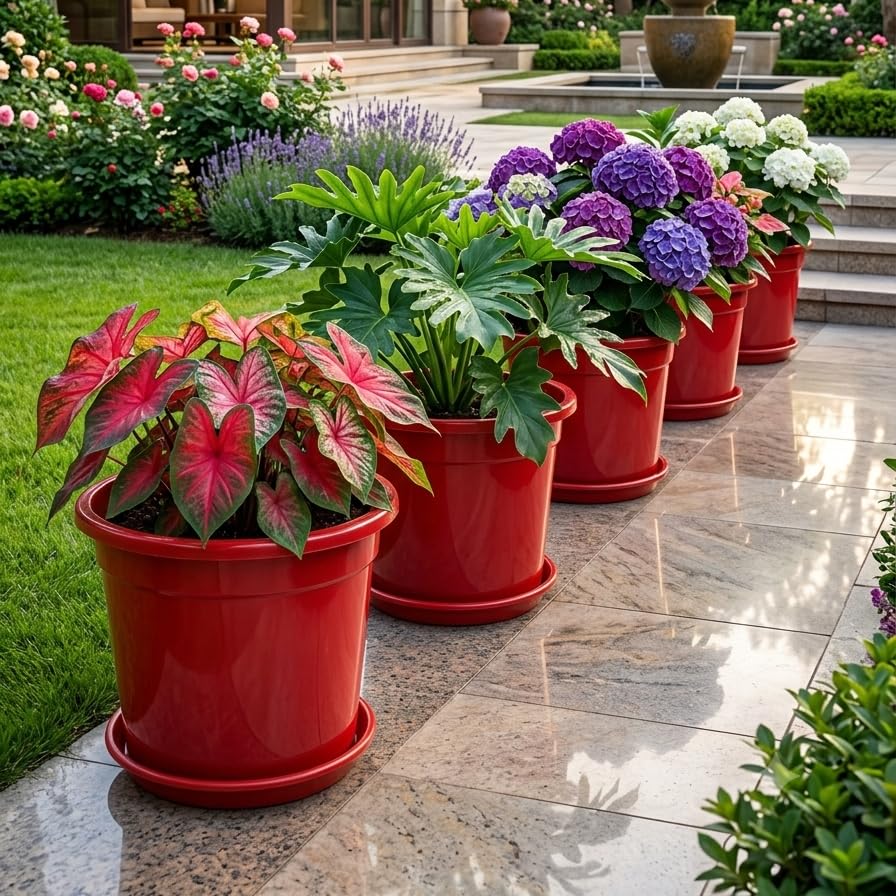 Image of 12 Inch Glossy Red Plastic Planter with Bottom Plate | Heavy Duty Flower Pot with Tray for Indoor Home Decor, Balcony, Living Room & Outdoor Garden (4 Pot, Red)