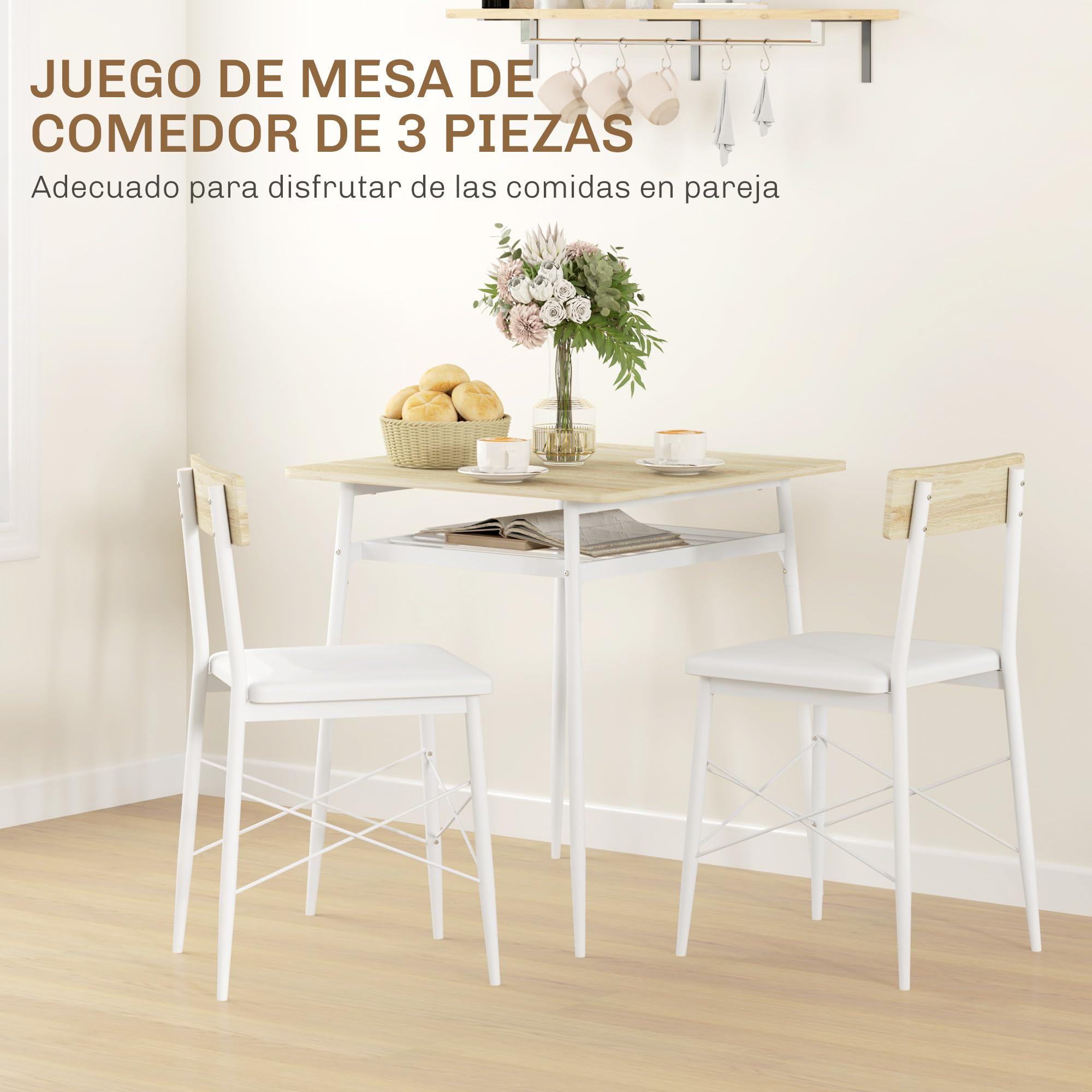 HOMCOM Conjunto de Mesa y Sillas de Comedor de 3 Piezas Mesa con Dos Sillas | sin Brazos, Estante Abierto, Estructura de Acero, Blanco y Roble
