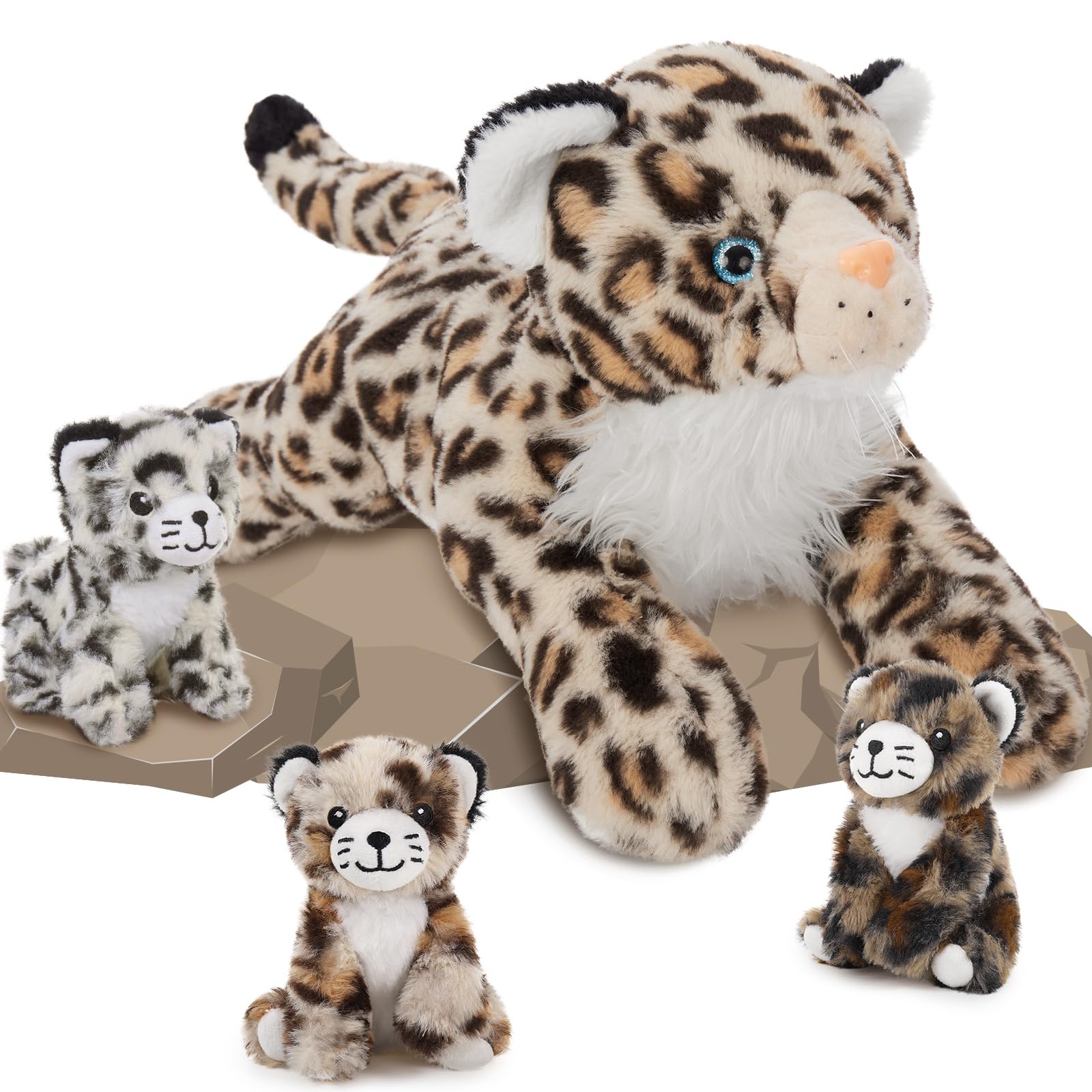 MaoGoLan 4Pcs Soft Leopard Stuffed Animals with 3 Babies Inside, 18" Stuffed Cheetah Bulk Jaguar Plush Toys for Girls Boys Kids Valentine's Day, Baby Shower Safari Party Decor