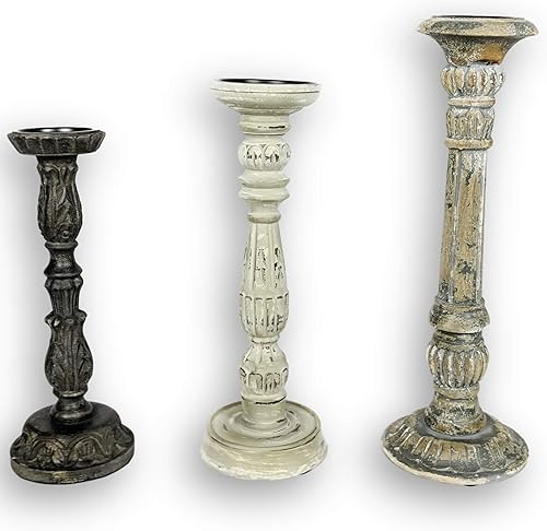 Juego de 3 portavelas de madera con acabado envejecido para un aspecto vintage de decoración antigua. Cada portavelas decorativo rústico está