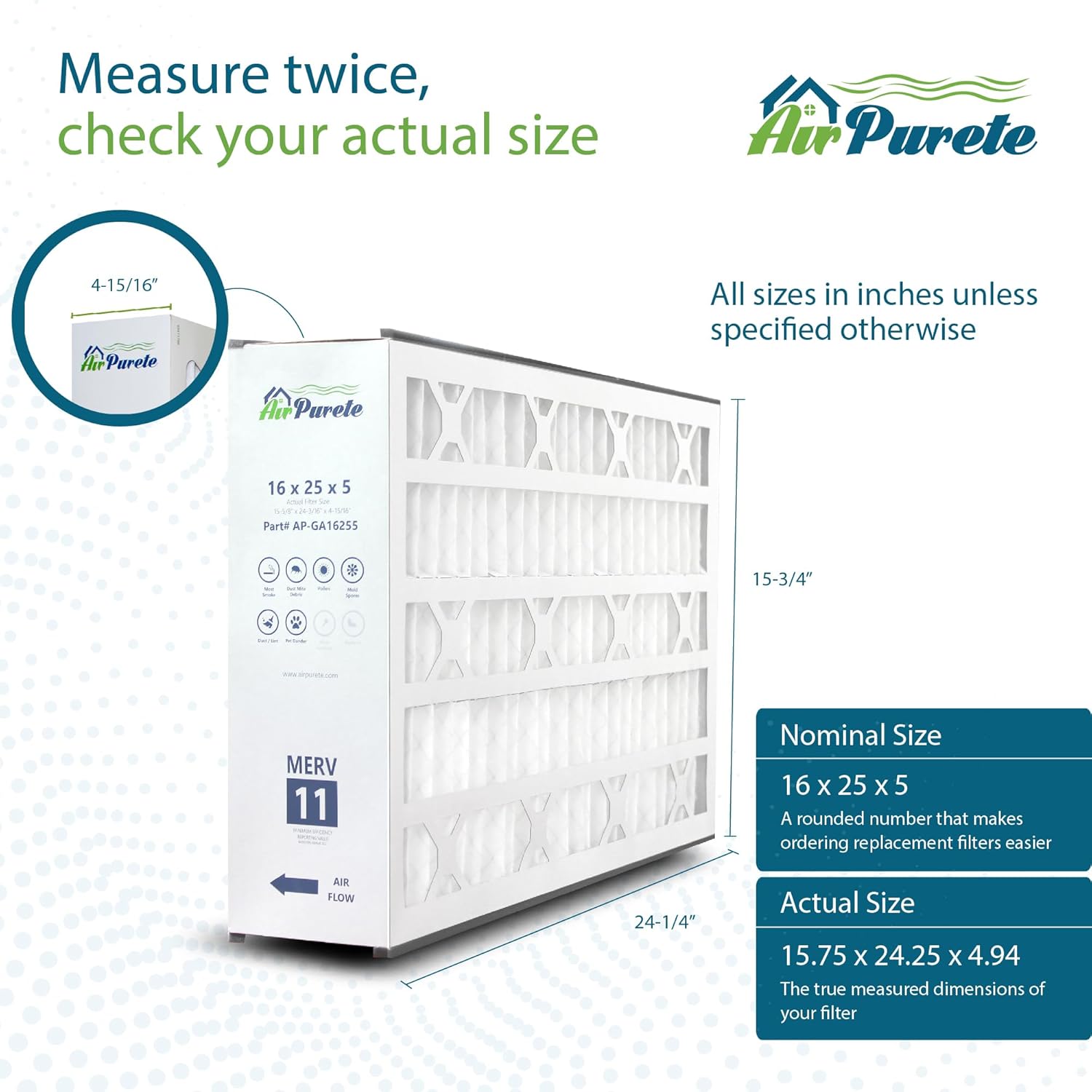 AirPurete 16x25x5 Air Filter MERV 11 Exact Fit for General Aire 4541, Trion Air Bear Supreme, Skuttle | True Size: 15.75" x 24.25" x 4.94" | Pack of 1